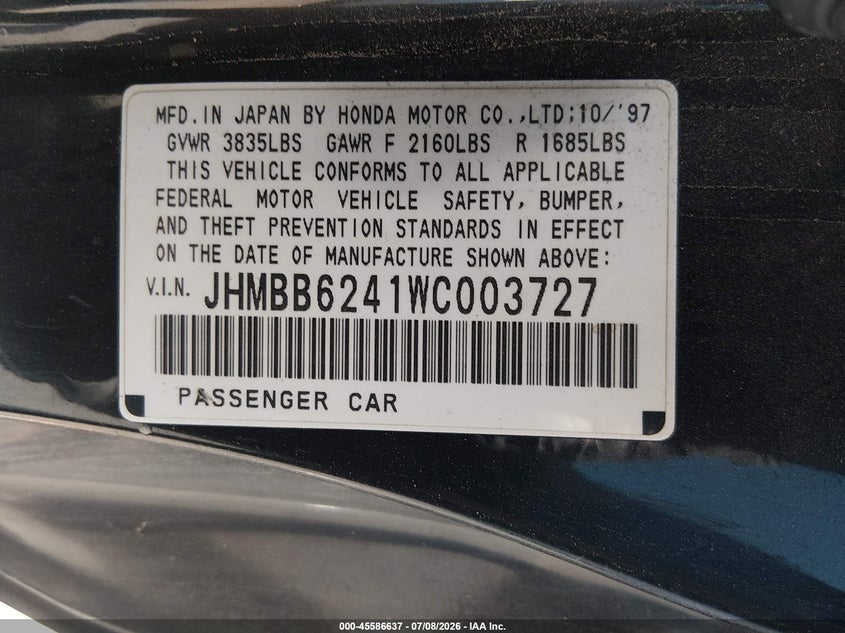 1998 Honda Prelude VIN JHMBB6241WC003727 IAAI salvage auction — NORMAL WEAR, Clear (California), sold $200 on 2026-07-24 (photo 9)