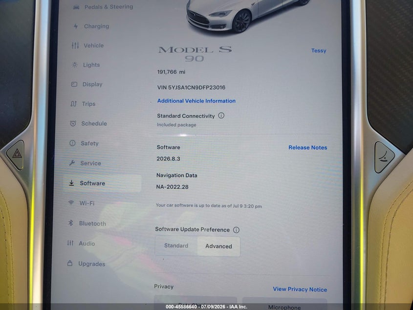 2013 Tesla Model s VIN 5YJSA1CN9DFP23016 IAAI salvage auction — FRONT END, Salvage Title, sold $2,700 on 2026-07-22 (photo 7)