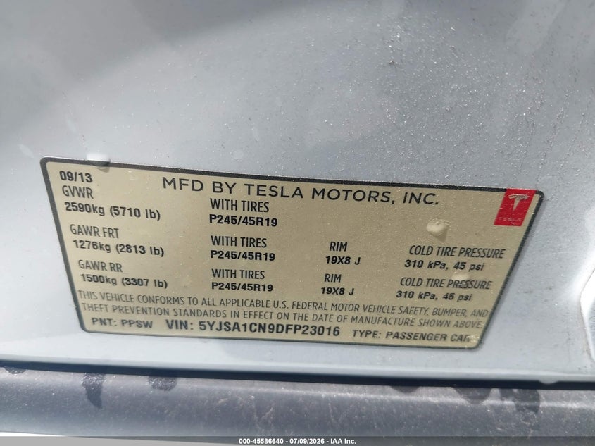 2013 Tesla Model s VIN 5YJSA1CN9DFP23016 IAAI salvage auction — FRONT END, Salvage Title, sold $2,700 on 2026-07-22 (photo 9)