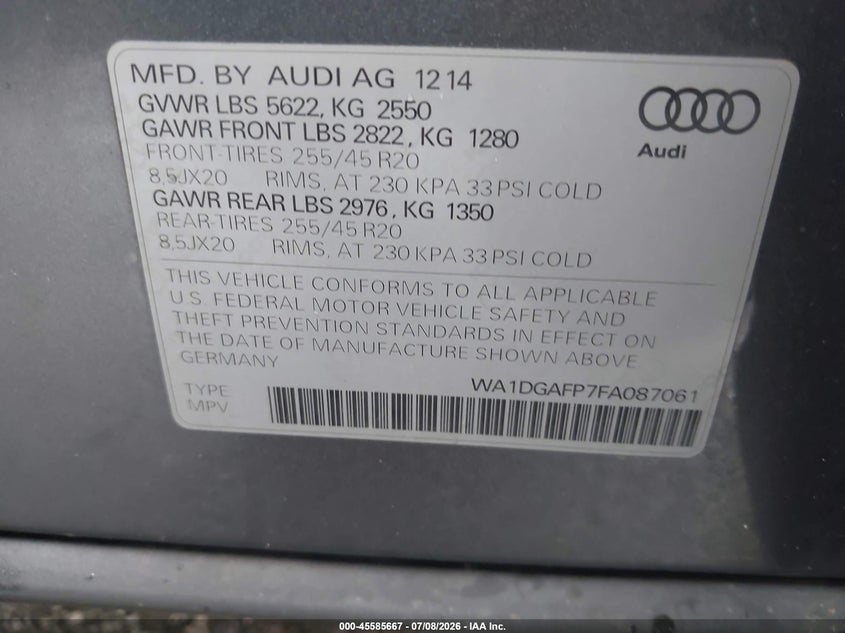 2015 Audi Q5 VIN WA1DGAFP7FA087061 IAAI salvage auction — NORMAL WEAR, Clear (Virginia), sold $775 on 2026-07-28 (photo 9)