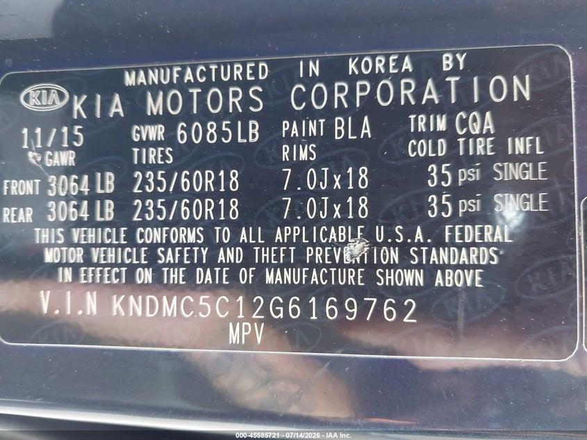 2016 Kia SEDONA VIN KNDMC5C12G6169762 IAAI salvage auction — NORMAL WEAR, Clear (Hawaii), sold $425 on 2026-07-28 (photo 9)