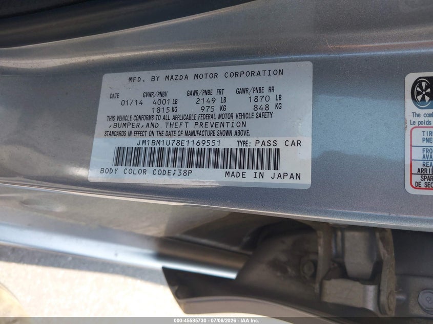 2014 Mazda 3 VIN JM1BM1U78E1169551 IAAI salvage auction — NORMAL WEAR, Clear (North Carolina), sold $625 on 2026-07-29 (photo 9)