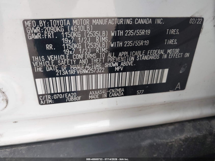 2022 Toyota Rav 4 VIN 2T3A1RFV6NW257322 IAAI salvage auction — ROOF, Salvage (Montana), sold $13,200 on 2026-08-22 (photo 9)