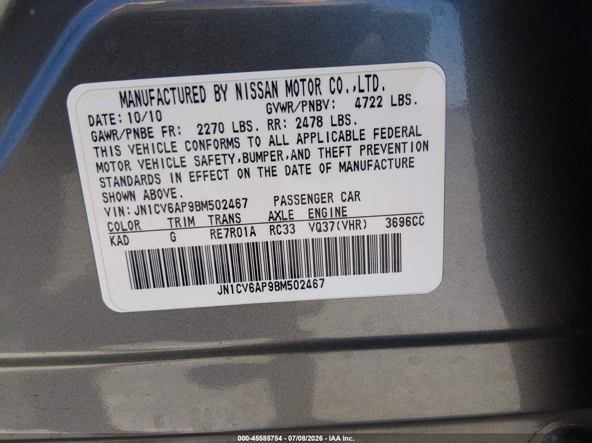 2011 Infiniti G37 VIN JN1CV6AP9BM502467 IAAI salvage auction — FRONT END, Salvage (California), sold $2,625 on 2026-07-22 (photo 9)