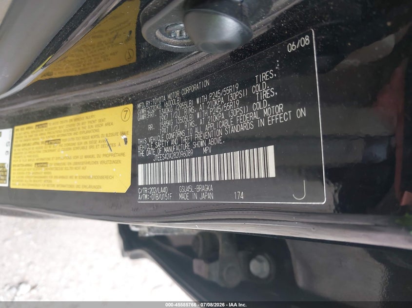 2008 Toyota Highlander VIN JTEES42A282096089 IAAI salvage auction — NORMAL WEAR, Clear (Virginia), sold $2,450 on 2026-07-24 (photo 9)