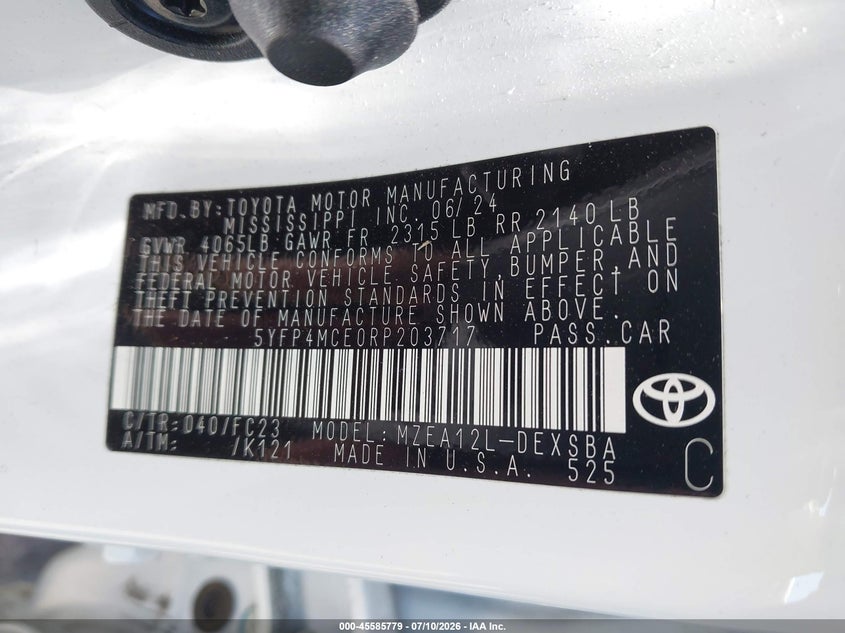 2024 Toyota Corolla VIN 5YFP4MCE0RP203717 IAAI salvage auction — LEFT SIDE, Salvage Title, sold $8,300 on 2026-07-31 (photo 9)