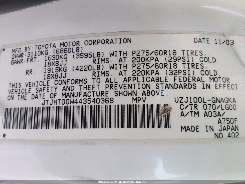 2004 Lexus Lx 470 VIN JTJHT00W443540368 IAAI salvage auction — FRONT END, Salvage (Arizona), sold $5,900 on 2026-07-14 (photo 9)