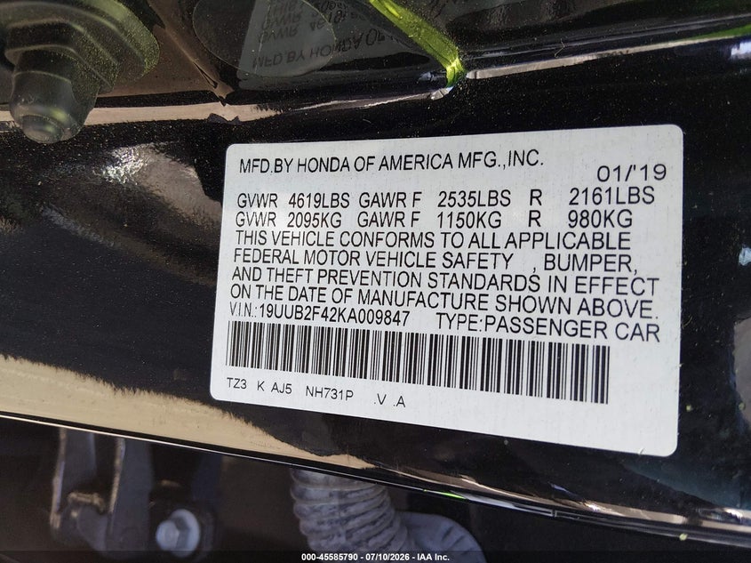 2019 Acura Tlx VIN 19UUB2F42KA009847 IAAI salvage auction — RIGHT REAR, Salvage Certificate (California), sold $225 on 2026-07-24 (photo 9)