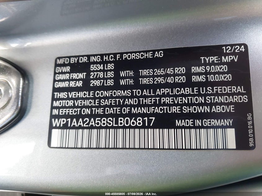 2025 Porsche Macan VIN WP1AA2A58SLB06817 IAAI salvage auction — RIGHT FRONT, Salvage Title, sold $24,050 on 2026-09-10 (photo 9)