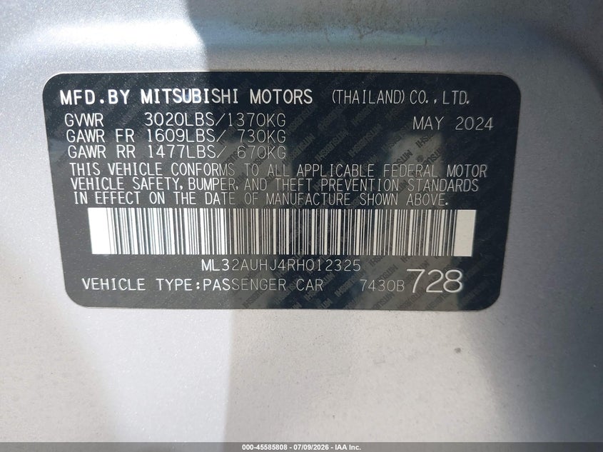 2024 Mitsubishi Mirage VIN ML32AUHJ4RH012325 IAAI salvage auction — FRONT END, Enterprise Vehicles Clear Only (Missouri), sold $7,500 on 2026-07-20 (photo 9)