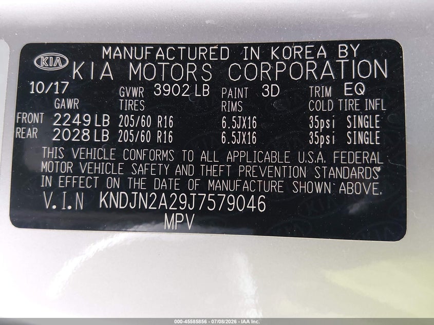 2018 Kia Soul VIN KNDJN2A29J7579046 IAAI salvage auction — NORMAL WEAR, Regular (Nevada), sold $1,250 on 2026-07-24 (photo 9)