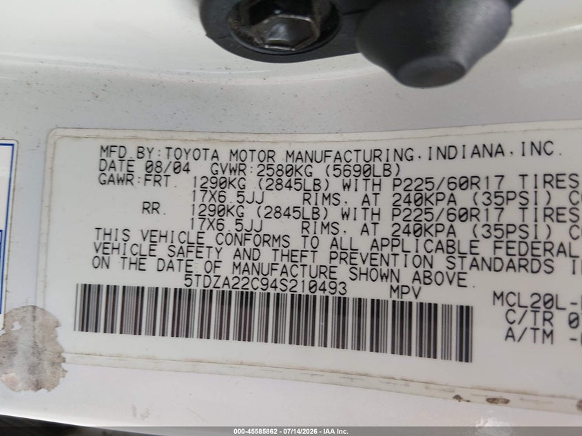 2004 Toyota Sienna VIN 5TDZA22C94S210493 IAAI salvage auction — NORMAL WEAR, Clear-Dealer Only (North Carolina), sold $1,150 on 2026-07-20 (photo 9)