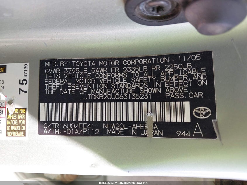 2006 Toyota Prius VIN JTDKB20U063135231 IAAI salvage auction — NORMAL WEAR, Clear (New Mexico), sold $350 on 2026-07-29 (photo 9)