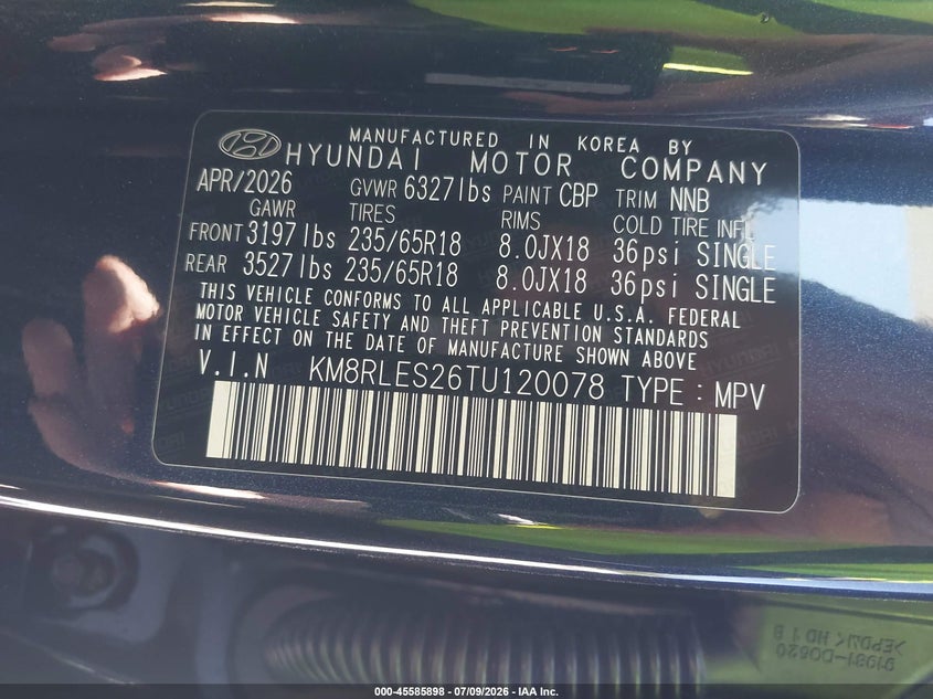2026 Hyundai Palisade VIN KM8RLES26TU120078 IAAI salvage auction — FRONT END, Salvage Title, sold $25,200 on 2026-07-15 (photo 9)