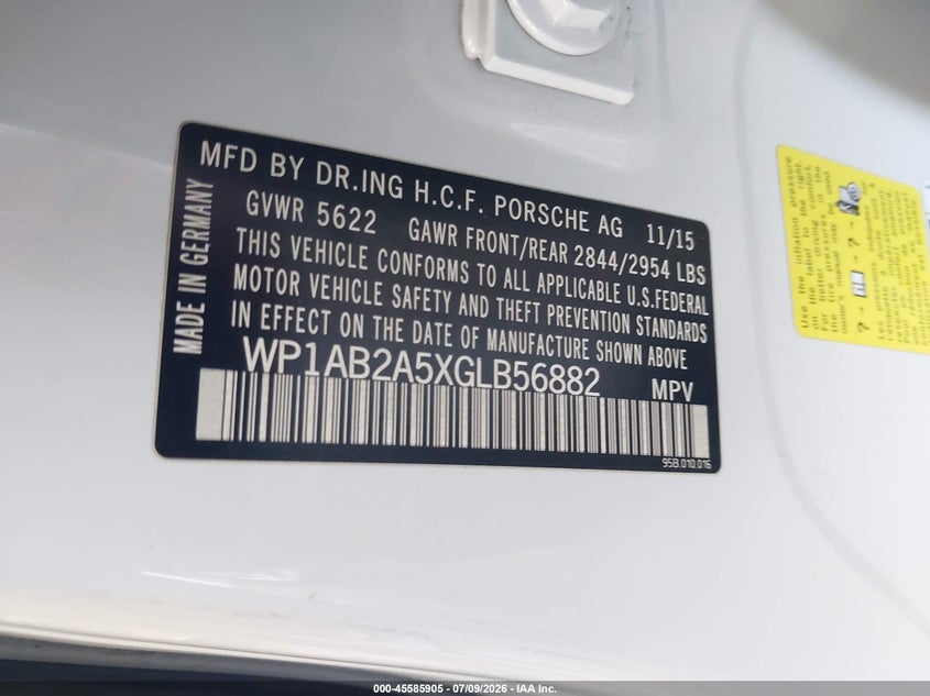 2016 Porsche Macan VIN WP1AB2A5XGLB56882 IAAI salvage auction — REAR END, Salvage (California), sold $4,350 on 2026-07-28 (photo 9)