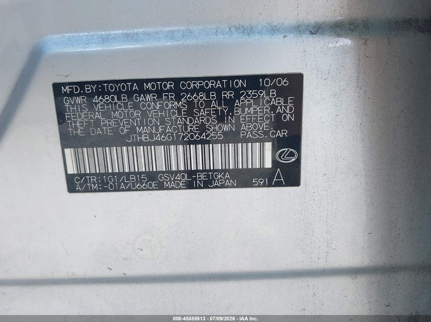 2007 Lexus Es 350 VIN JTHBJ46G172064255 IAAI salvage auction — NORMAL WEAR, Clear (Georgia), sold $1,100 on 2026-07-13 (photo 9)