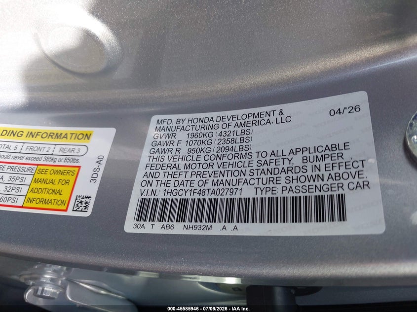2026 Honda Accord VIN 1HGCY1F48TA027971 IAAI salvage auction — REAR END, Enterprise Vehicles Clear Only (Texas), sold $15,750 on 2026-07-30 (photo 9)