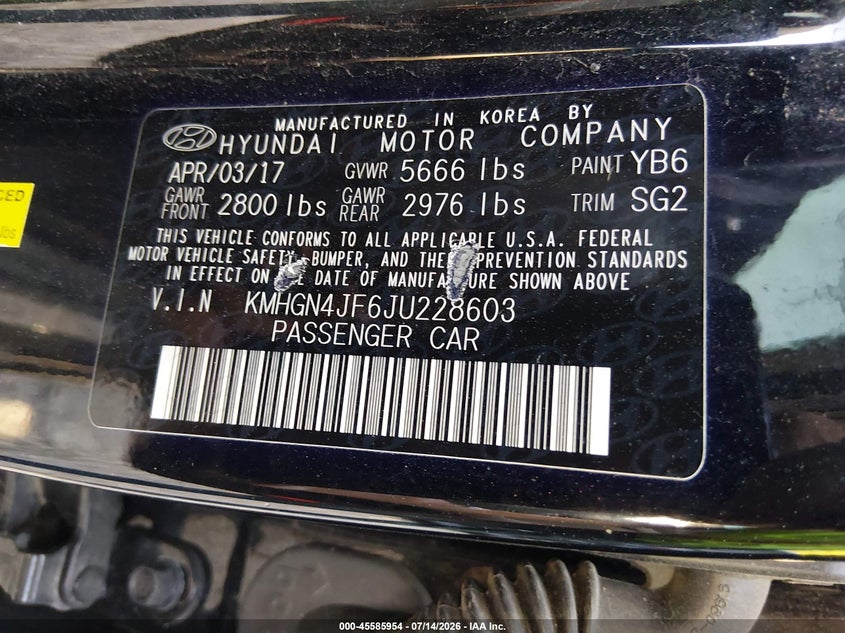 2018 Genesis G80 VIN KMHGN4JF6JU228603 IAAI salvage auction — FRONT END, Salvage Title, sold $25 on 2026-07-29 (photo 9)