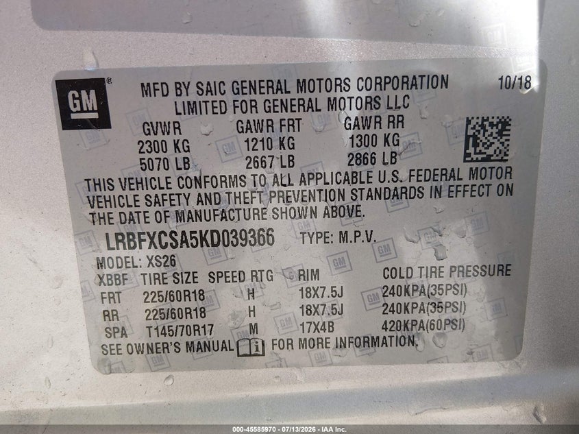 2019 Buick Envision VIN LRBFXCSA5KD039366 IAAI salvage auction — FRONT & REAR, Salvage (Kansas), sold $1,275 on 2026-09-02 (photo 9)
