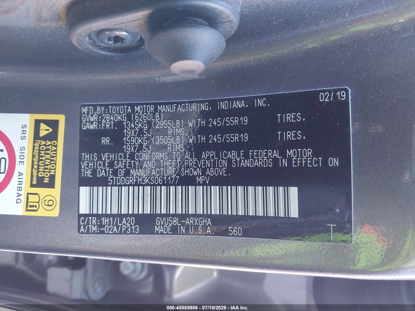2019 Toyota Highlander VIN 5TDDGRFH3KS061177 IAAI salvage auction — UNDERCARRIAGE, Bill Of Sale (Washington), sold $9,800 on 2026-07-28 (photo 9)