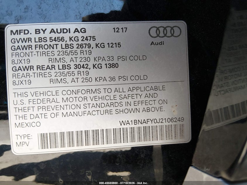 2018 Audi Q5 VIN WA1BNAFY0J2106249 IAAI salvage auction — REAR END, Salvage (California), sold $7,700 on 2026-07-29 (photo 9)