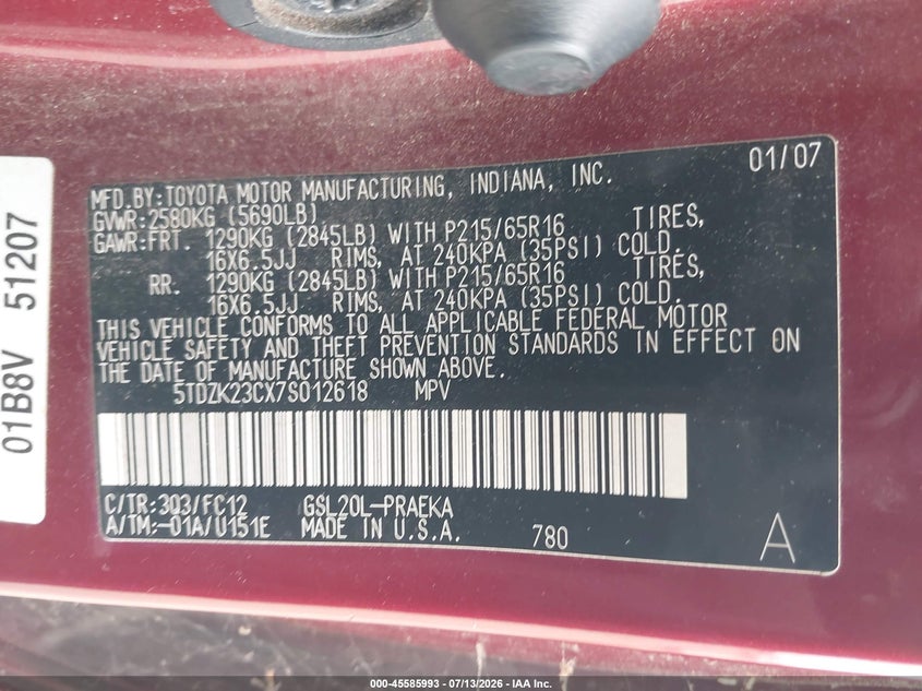 2007 Toyota Sienna VIN 5TDZK23CX7S012618 IAAI salvage auction — NORMAL WEAR, Clear - Dealer Only (California), sold $625 on 2026-07-22 (photo 9)
