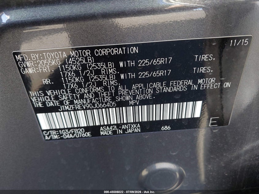 2016 Toyota Rav 4 VIN JTMZFREV9GJ066405 IAAI salvage auction — REAR END, Salvage Title, sold $4,450 on 2026-07-31 (photo 9)