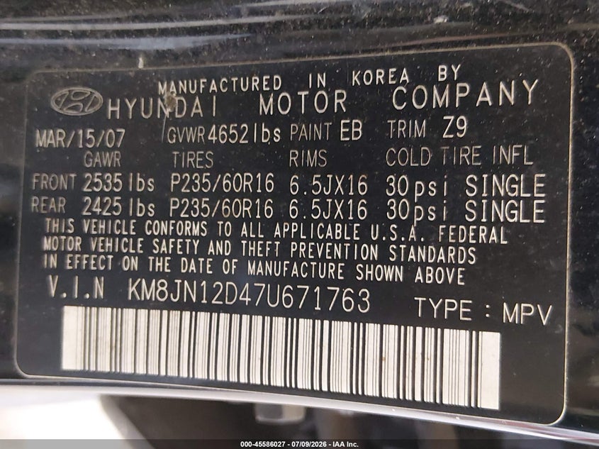 2007 Hyundai Tucson VIN KM8JN12D47U671763 IAAI salvage auction — FRONT END, Bill Of Sale (Washington), sold $25 on 2026-07-29 (photo 9)