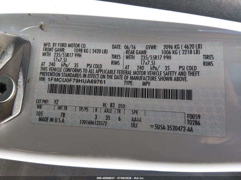 2017 Ford Escape VIN 1FMCU0F79HUA69761 IAAI salvage auction — NORMAL WEAR, SF97 (California), sold $7,000 on 2026-08-25 (photo 9)