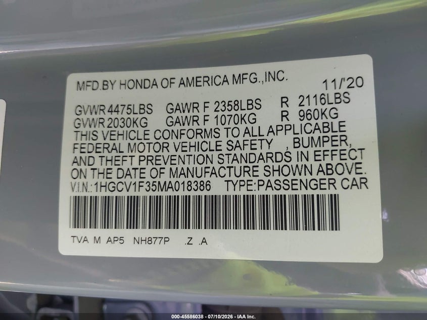 2021 Honda Accord VIN 1HGCV1F35MA018386 IAAI salvage auction — REAR END, Salvage (Arizona), sold $4,400 on 2026-07-18 (photo 9)