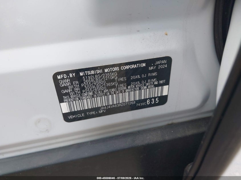 2024 Mitsubishi Outlander VIN JA4J4VA83RZ071268 IAAI salvage auction — FRONT END, Salvage Title, sold $13,200 on 2026-07-16 (photo 9)