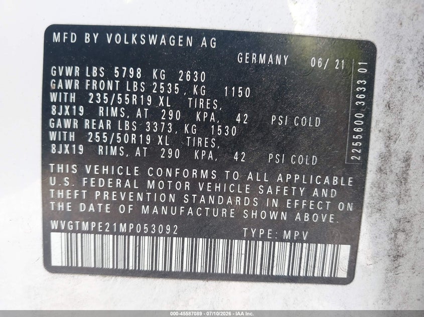 2021 Volkswagen Id.4 VIN WVGTMPE21MP053092 IAAI salvage auction — FRONT END, Salvage Title, sold $7,700 on 2026-08-13 (photo 9)