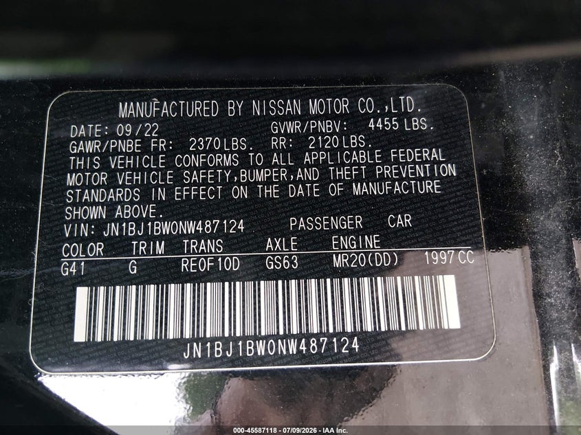 2022 Nissan Rogue VIN JN1BJ1BW0NW487124 IAAI salvage auction — FRONT END, Salvage - Greater Than 75% (Maryland), sold $3,250 on 2026-07-22 (photo 9)