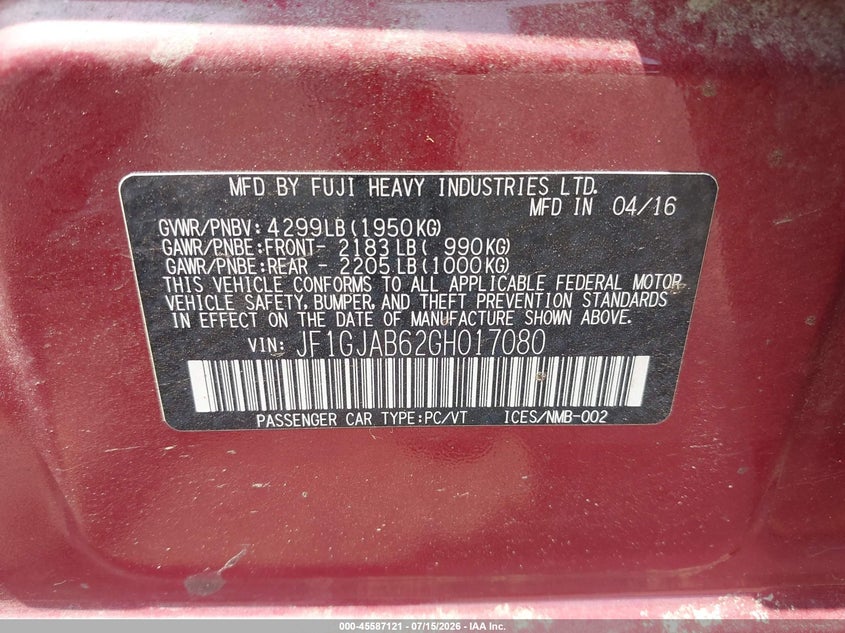 2016 Subaru Impreza VIN JF1GJAB62GH017080 IAAI salvage auction — LEFT FRONT, Salvage (Pennsylvania), sold $475 on 2026-07-28 (photo 9)