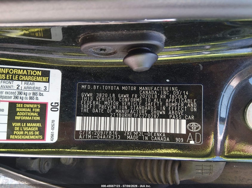 2015 Toyota Corolla VIN 2T1BURHE1FC270287 IAAI salvage auction — NORMAL WEAR, Clear (Maryland), sold $1,700 on 2026-07-18 (photo 9)