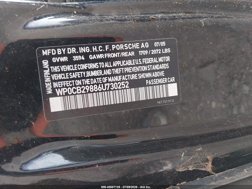 2006 Porsche Boxster VIN WP0CB29886U730252 IAAI salvage auction — NORMAL WEAR, Clear (Pennsylvania), sold $4,200 on 2026-07-10 (photo 9)