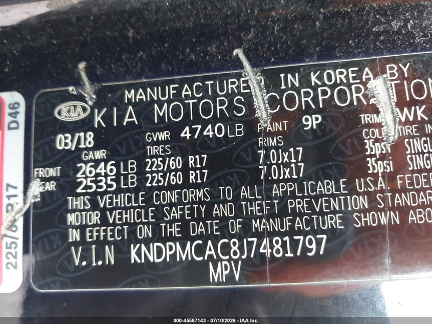 2018 Kia Sportage VIN KNDPMCAC8J7481797 IAAI salvage auction — FRONT END, Clear (Michigan), sold $1,250 on 2026-07-30 (photo 9)