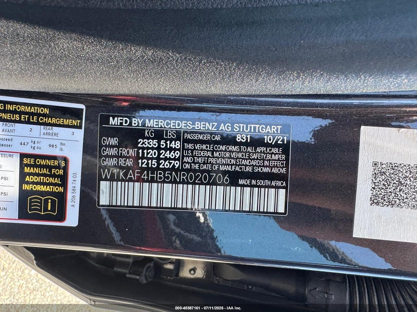 2022 Mercedes-benz C class VIN W1KAF4HB5NR020706 IAAI salvage auction — UNKNOWN, Clear (Virginia), sold $10,100 on 2026-07-22 (photo 9)