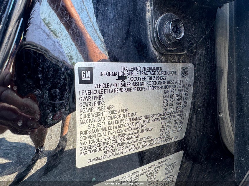 2020 Chevrolet Silverado VIN 1GCUYEET9LZ194327 IAAI salvage auction — UNKNOWN, Original (Ohio), sold $8,650 on 2026-07-22 (photo 9)