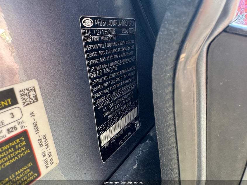 2019 Land rover RANGE ROVER VIN SALGS5RE3KA541540 IAAI salvage auction — UNKNOWN, Clear (Massachusetts), sold $12,250 on 2026-07-29 (photo 9)