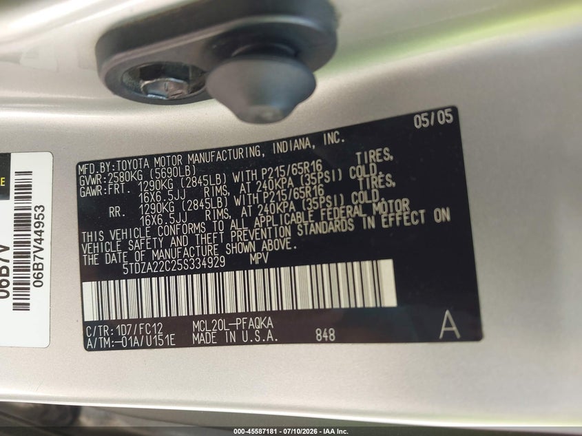 2005 Toyota Sienna VIN 5TDZA22C25S334929 IAAI salvage auction — LEFT REAR, Salvage (North Carolina), sold $225 on 2026-07-27 (photo 9)