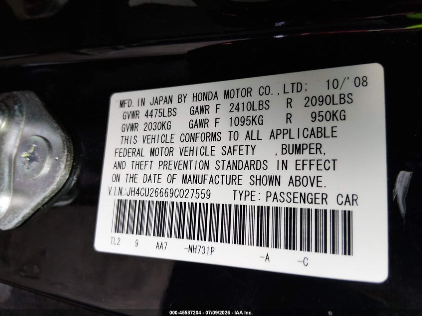 2009 Acura Tsx VIN JH4CU26669C027559 IAAI salvage auction — SIDE, Rebuildable (Florida), sold $925 on 2026-07-23 (photo 9)