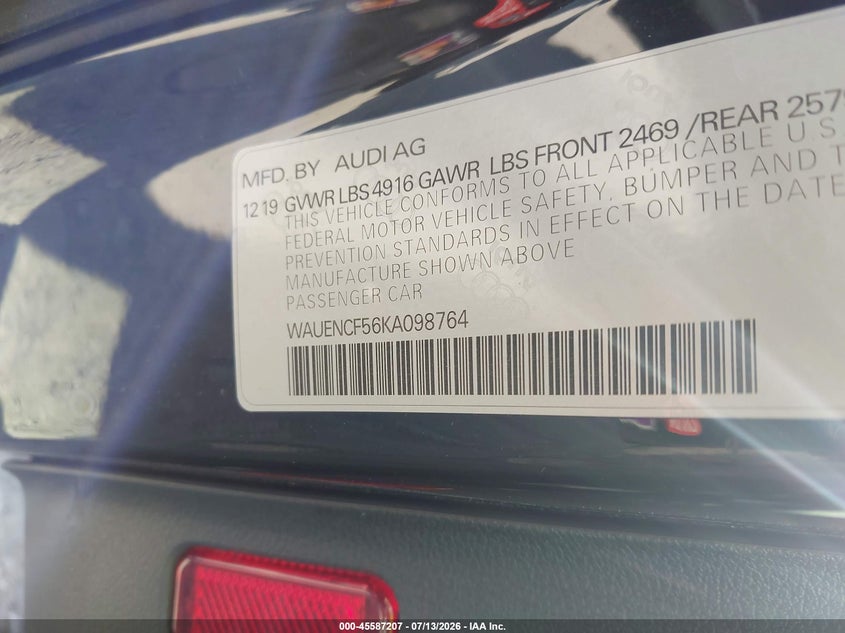 2019 Audi A5 VIN WAUENCF56KA098764 IAAI salvage auction — FRONT & REAR, Salvage Title, sold $3,600 on 2026-07-31 (photo 9)
