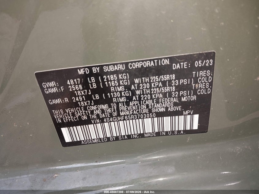 2024 Subaru Xv VIN 4S4GUHF65R3703050 IAAI salvage auction — FRONT & REAR, Salvage (Pennsylvania), sold $2,000 on 2026-07-24 (photo 9)