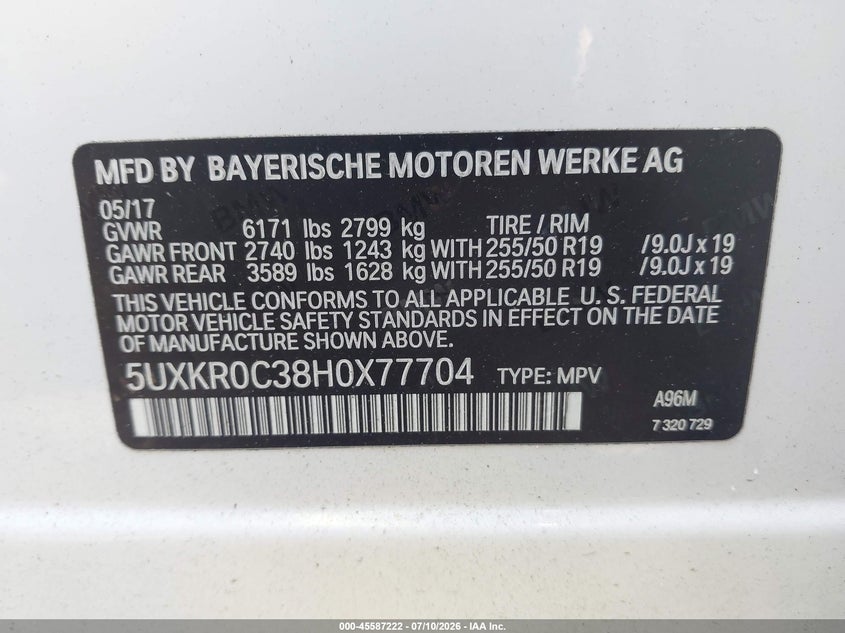 2017 BMW X5 VIN 5UXKR0C38H0X77704 IAAI salvage auction — LEFT FRONT, Salvage - Greater Than 75% (Maryland), sold $11,100 on 2026-07-28 (photo 9)