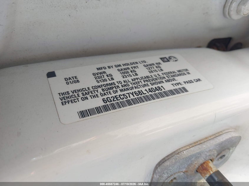 2008 Pontiac G8 VIN 6G2EC57Y68L140481 IAAI salvage auction — FRONT & REAR, Salvage (Pennsylvania), sold $1,800 on 2026-07-31 (photo 9)