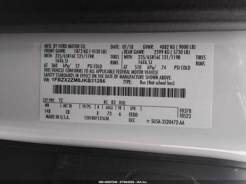 2018 Ford Transit-350 VIN 1FBZX2ZM8JKB31286 IAAI salvage auction — NORMAL WEAR, SF97 (Virginia), sold $26,250 on 2026-07-22 (photo 9)