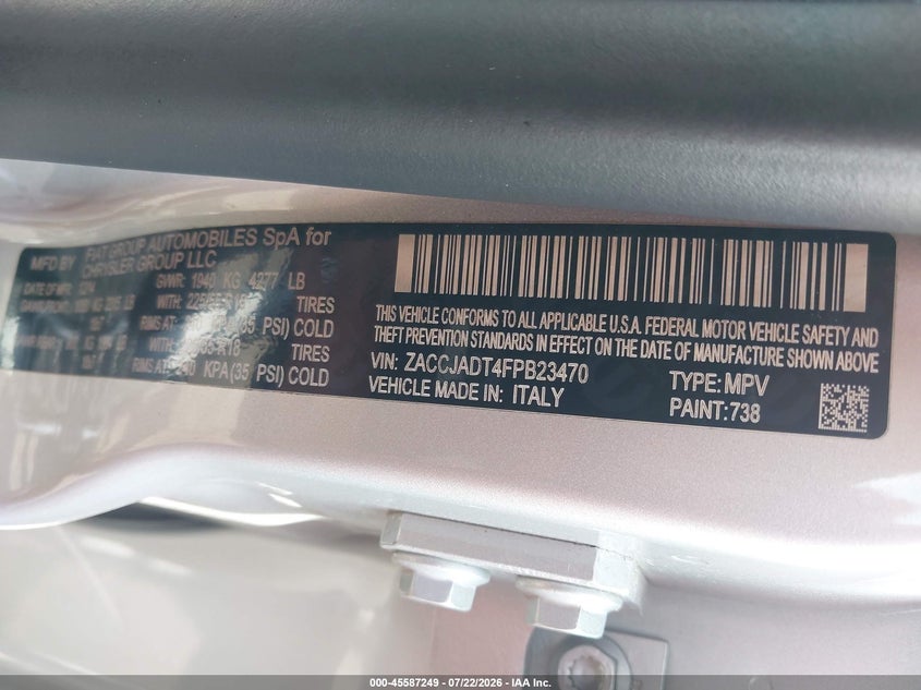 2015 Jeep Renegade VIN ZACCJADT4FPB23470 IAAI salvage auction — REAR END, Salvage Title, sold $1,675 on 2026-08-14 (photo 9)