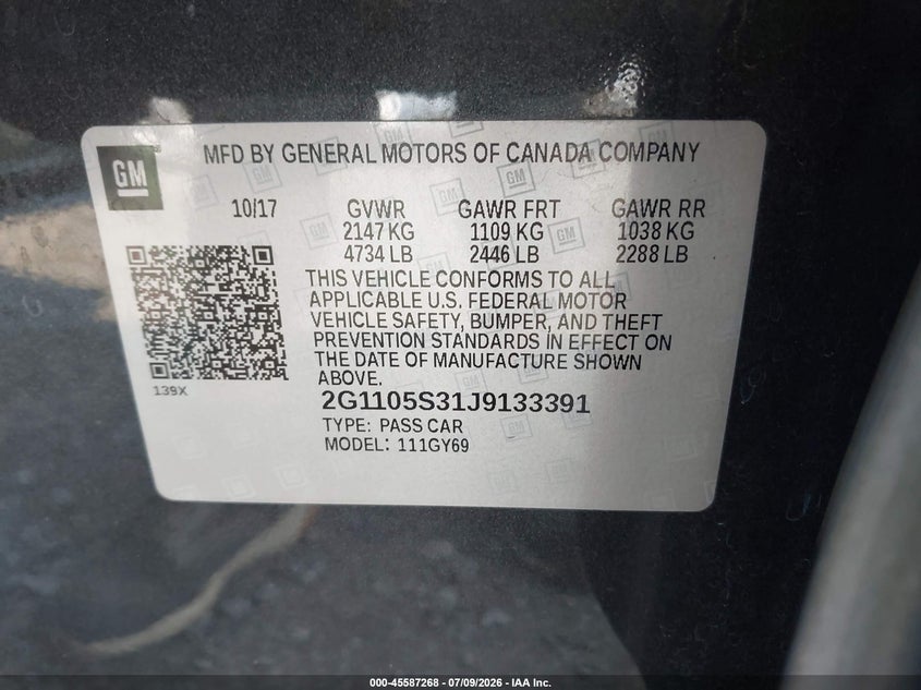 2018 Chevrolet Impala VIN 2G1105S31J9133391 IAAI salvage auction — FRONT END, Mv-907A (New York), sold $950 on 2026-07-26 (photo 9)