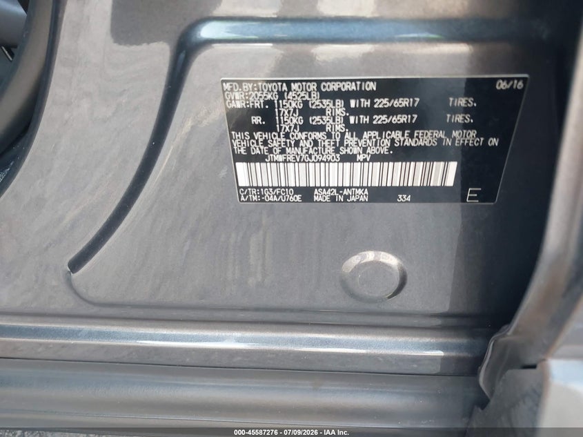 2016 Toyota Rav 4 VIN JTMWFREV7GJ094903 IAAI salvage auction — RIGHT SIDE, Rebuildable (Florida), sold $2,050 on 2026-07-28 (photo 9)
